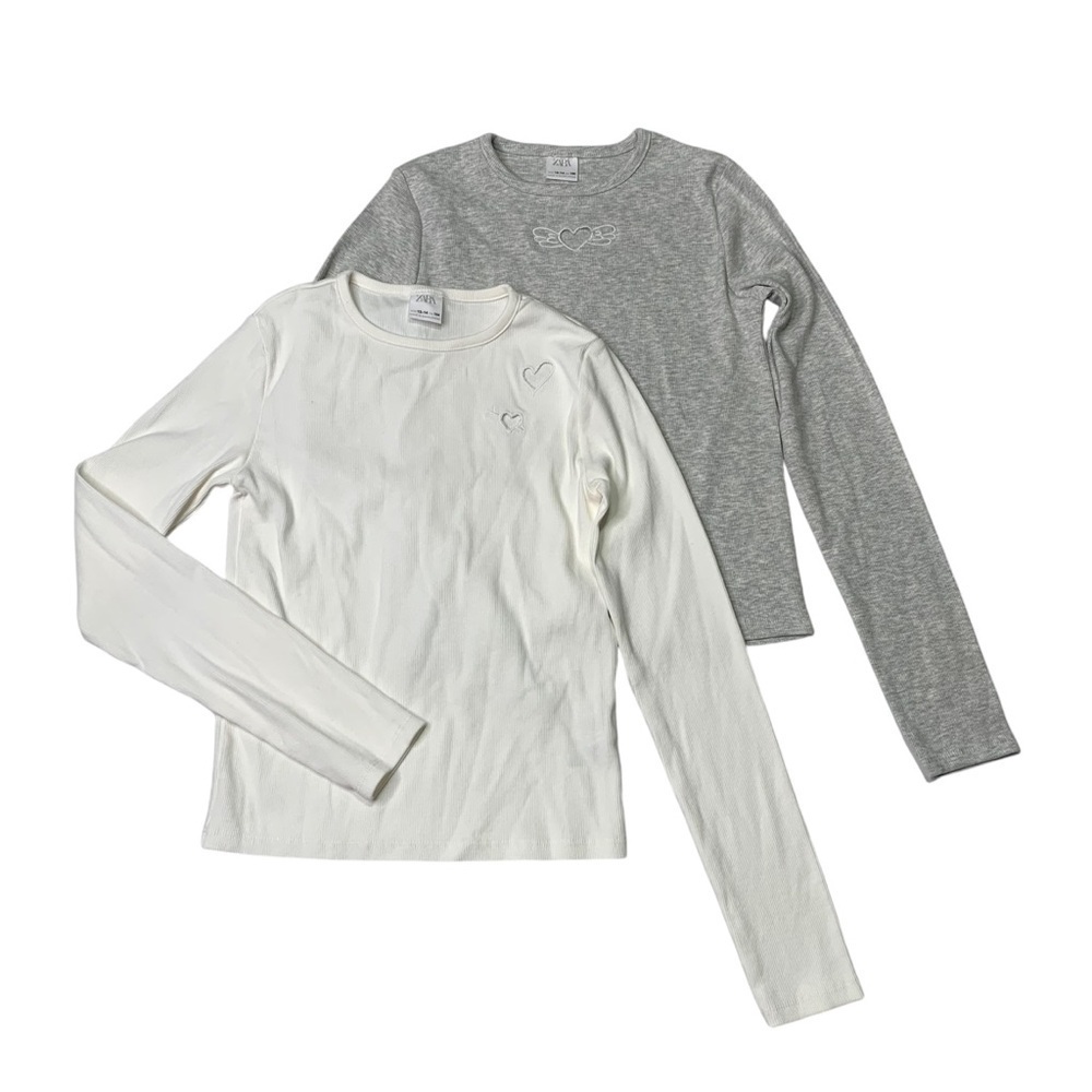 Zara girls 13-14 Y ribbed knit long sleeves white and grey tee shirt 2 pc bundle